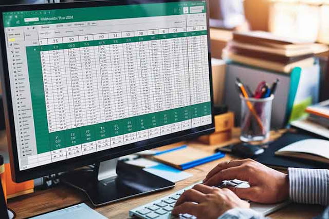 sebuah komputer membuka microsoft excel dan seseorang sedang membuat nomor urut sebuah komputer membuka microsoft excel dan seseorang sedang membuat nomor urut