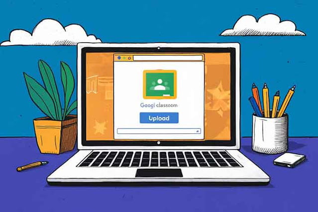 ilustrasi layar laptop menampilkan halaman google classroom disertai tombol upload untuk kirim video ilustrasi layar laptop menampilkan halaman google classroom disertai tombol upload untuk kirim video