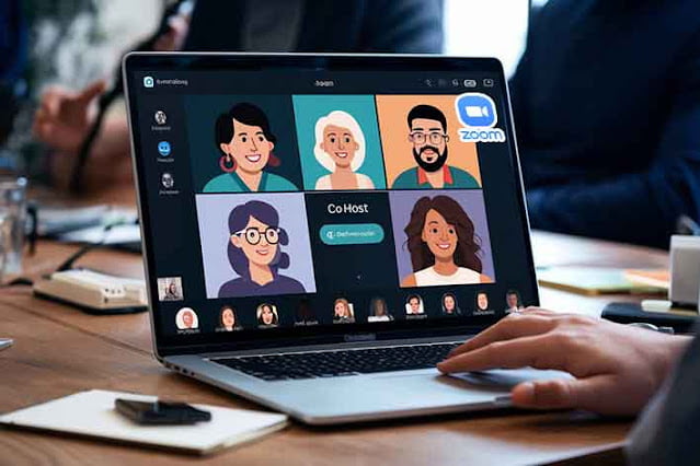 layar laptop membuka zoom meeting dan ada tombol untuk menjadikan peserta sebagai co host layar laptop membuka zoom meeting dan ada tombol untuk menjadikan peserta sebagai co host