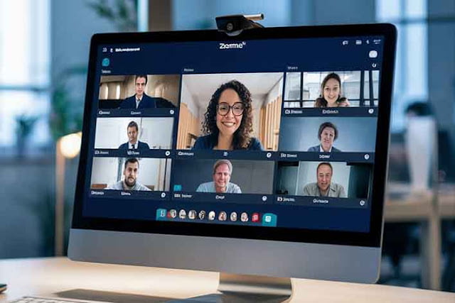 Komputer membuka zoom meeting dan tampak beberapa orang sedang rapat online dengan background blur Komputer membuka zoom meeting dan tampak beberapa orang sedang rapat online dengan background blur